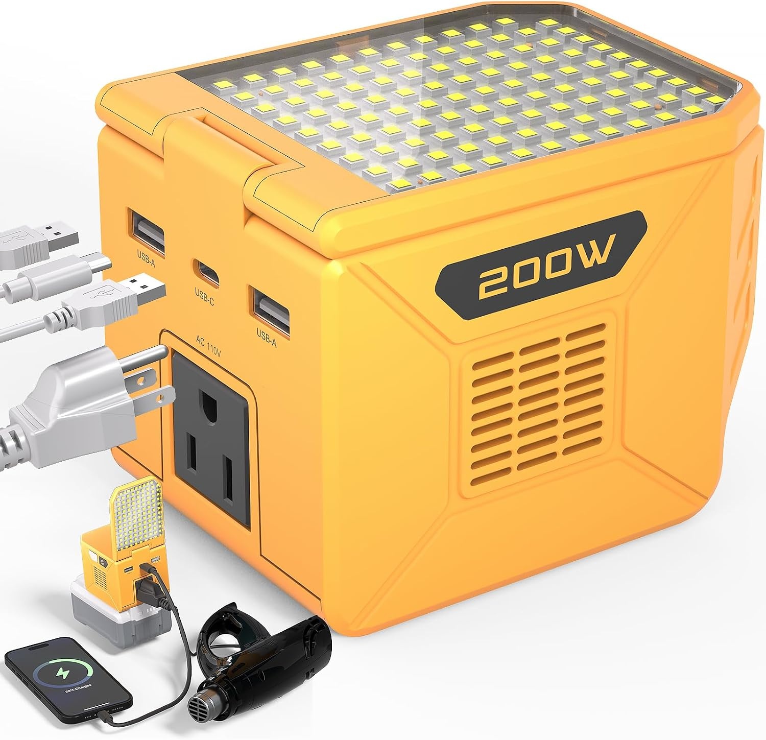 Power Inverter for DeWalt 20V Battery 200W (350W Peak), Portable Power Station with 2 USB-A and 1 USB-C and 110V AC and 500 LM LED Light (Tool Only)