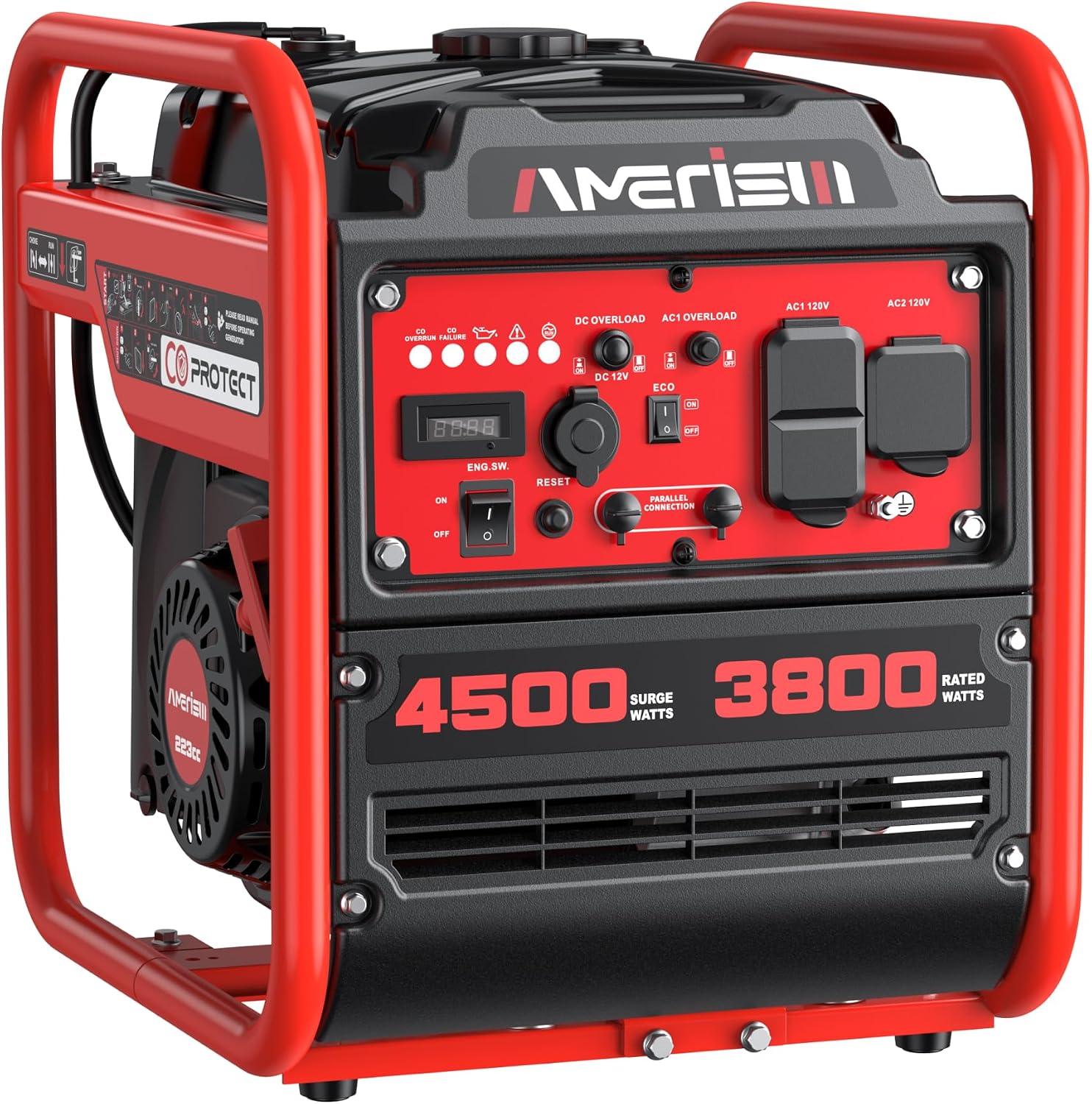 AMERISUN 4500W Open Frame Gas Inverter Generator, CO Alarm, Parallel Ready