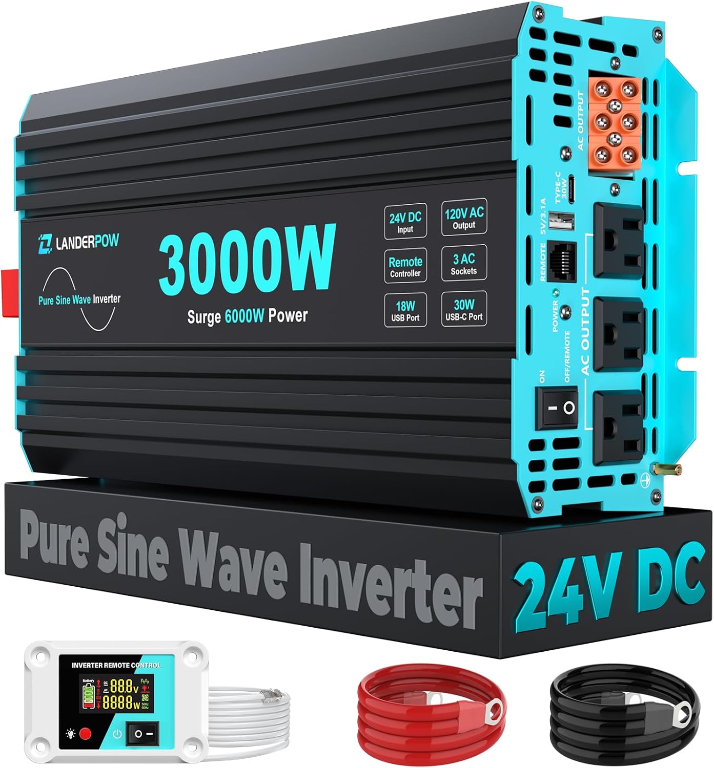 3000 Watt Pure Sine Wave Inverter 24V DC to 120V AC for RV, Truck, Solar, Home, Off-Grid, Power Inverter with 3 AC Outlet, 30W USB-C, 5V 3.1A USB, Hardwire Port, Remote Control, Surge 6000W